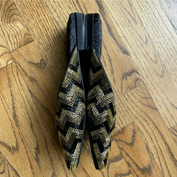 Birdies The Swan Beaded Art Deco Chevron Mule Flat in Black & Gold NEW Size 10.5 - Picture 7 of 9